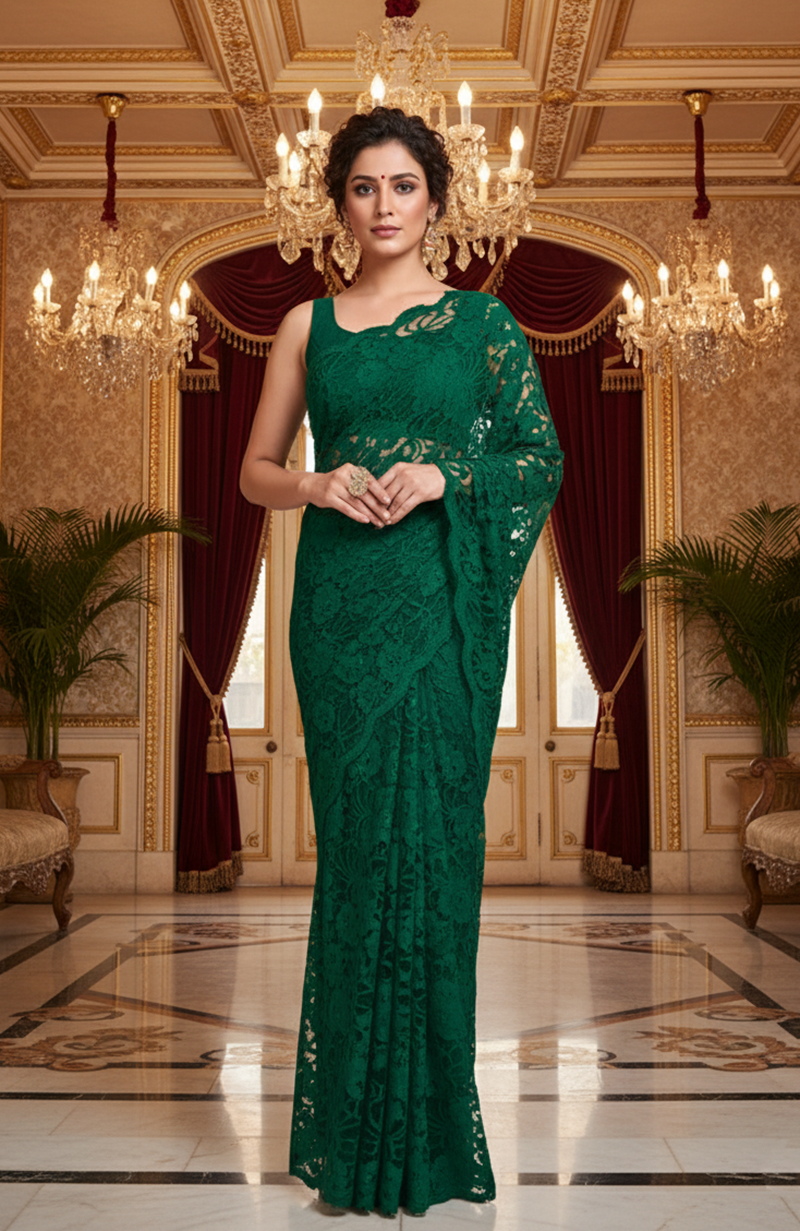 Emerald Green Chantilly Lace Saree Set