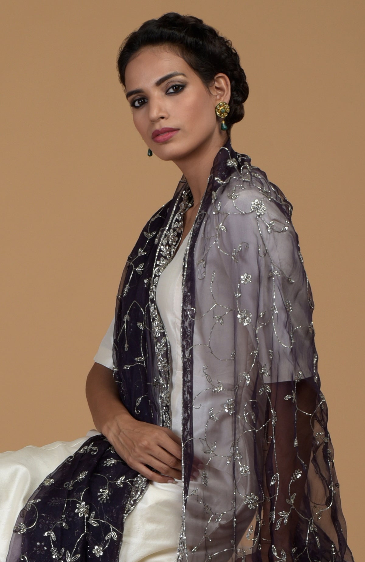 An Eclipse Blue Zardozi Hand Embroidered Dupatta with Suit is shown on a model.