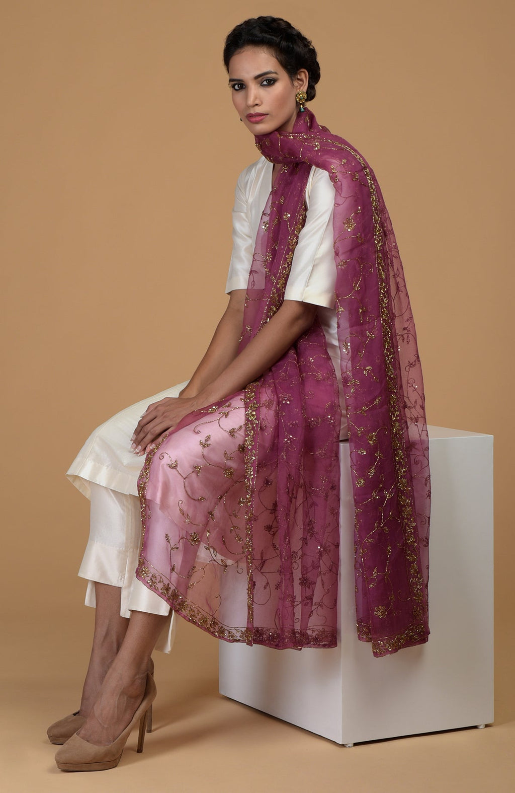 Peacock pink zardozi hand embroidered dupatta with suit.