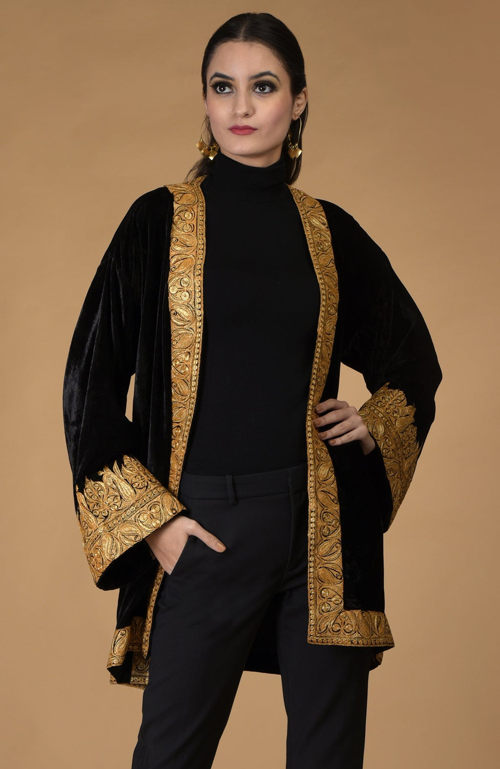 Black velvet kimono jacket with gold Kashmiri tilla embroidery.