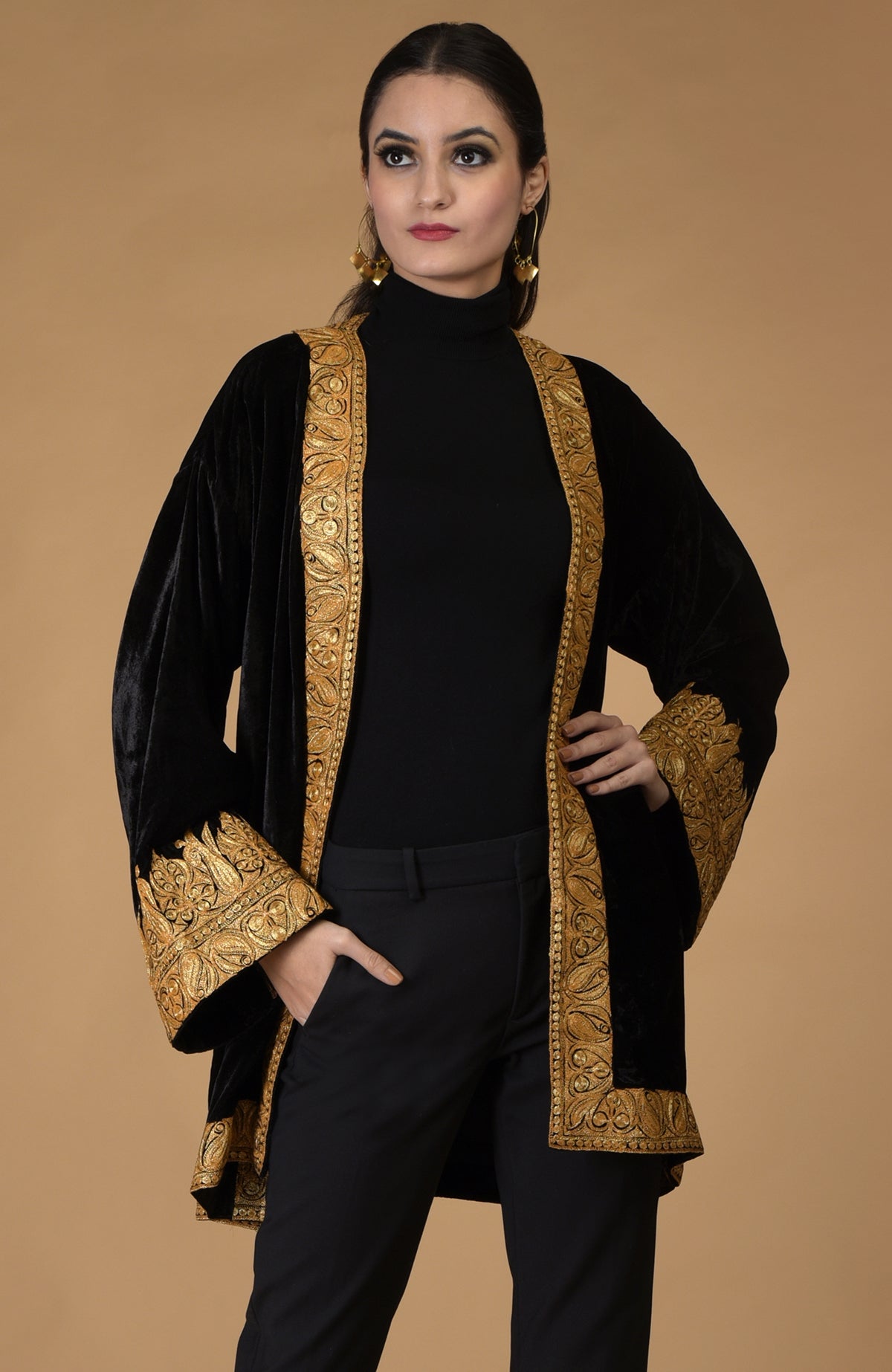 Black velvet kimono jacket with gold Kashmiri tilla embroidery.