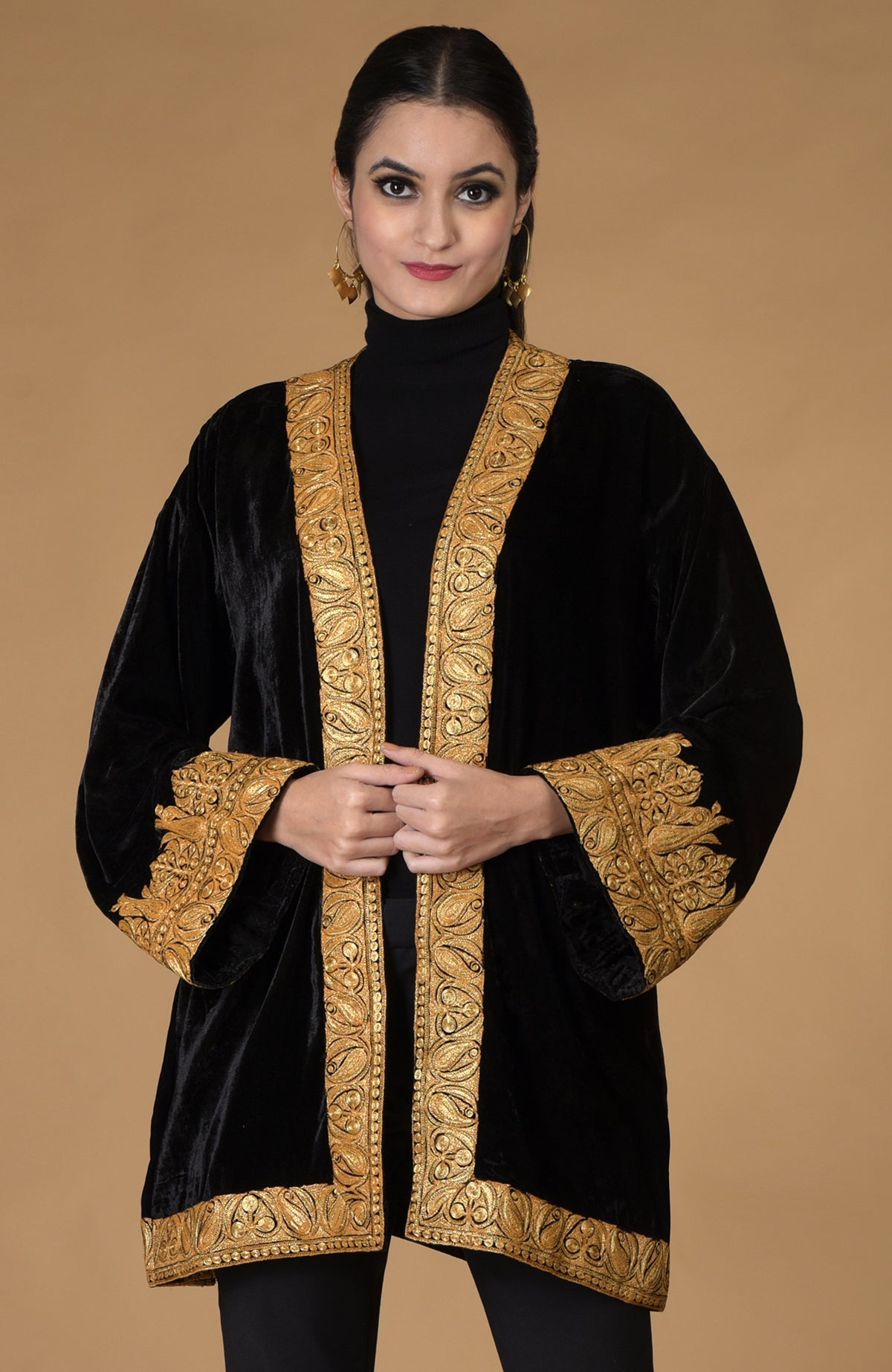 Black Kashmiri Tilla Embroidered Kimono Jacket with gold embroidery.