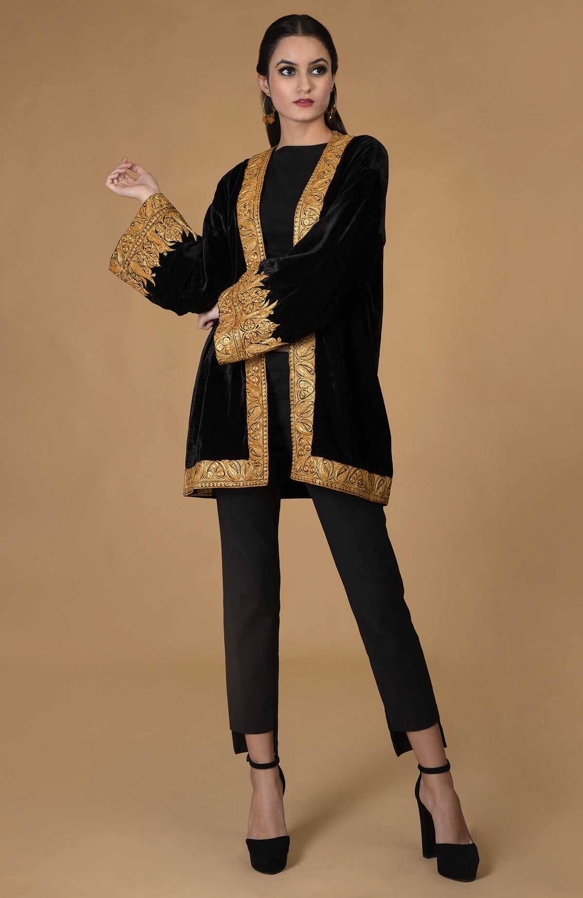 Black Kashmiri Tilla Embroidered Kimono Jacket with gold embroidery.