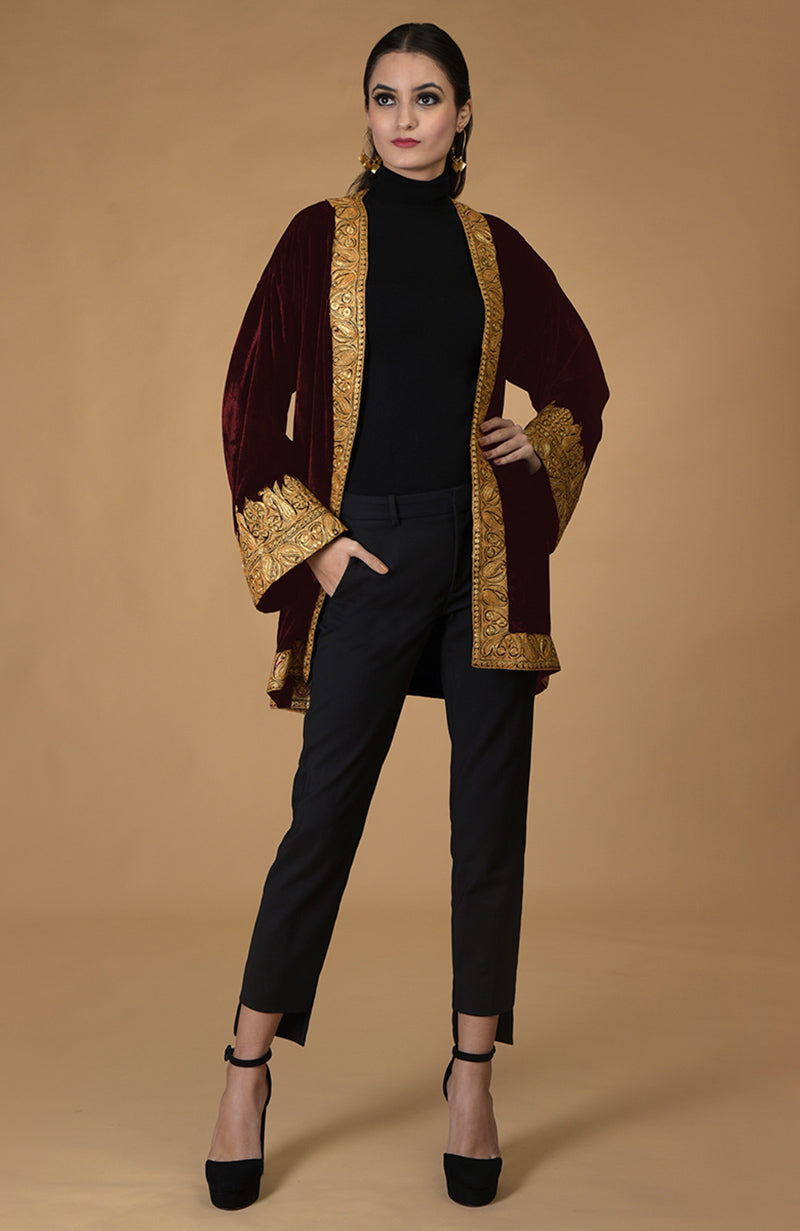 Burgundy Kashmiri Tilla Embroidered Kimono Jacket with gold embroidery.