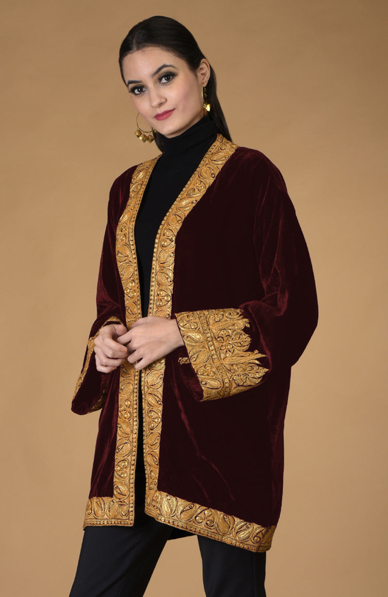 Burgundy velvet kimono jacket with gold Kashmiri Tilla embroidery.