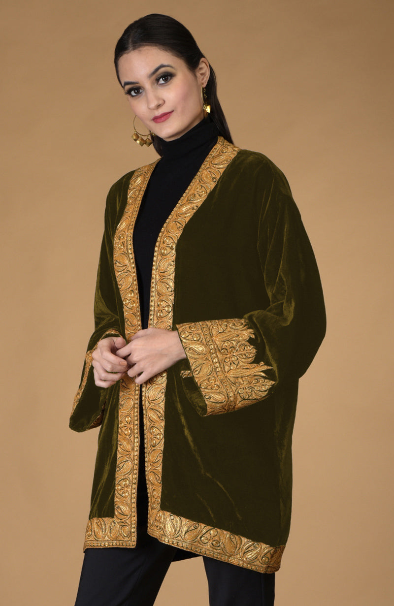 Olive velvet kimono jacket with gold Kashmiri Tilla embroidery.