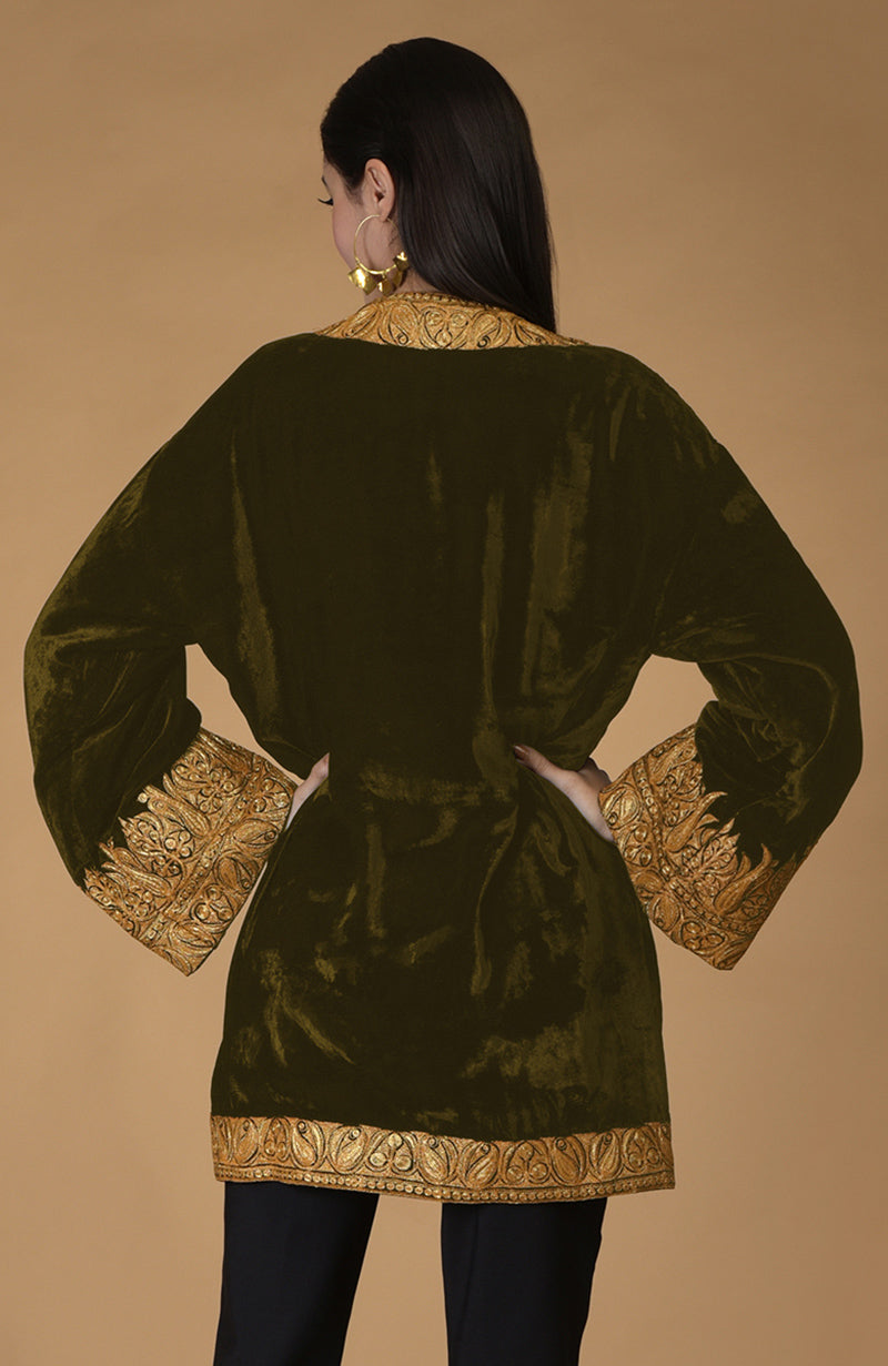 Olive velvet kimono jacket with gold Kashmiri tilla embroidery on the neckline, sleeves, and hem.