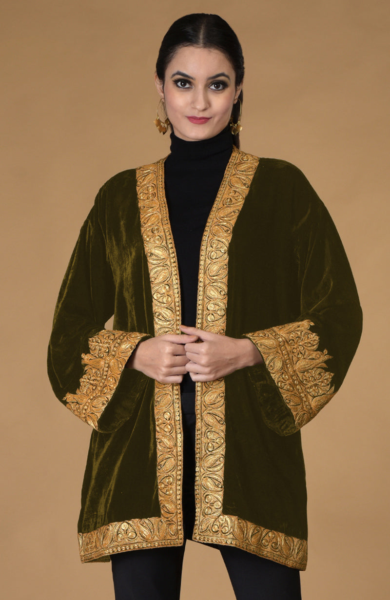 Olive velvet kimono jacket with gold Kashmiri tilla embroidery.