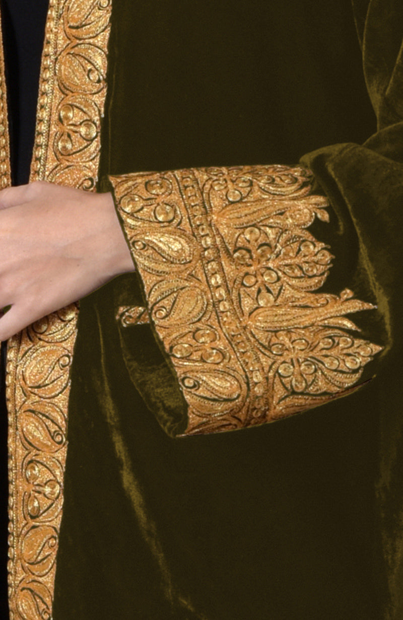 Olive velvet kimono jacket with intricate gold Kashmiri Tilla embroidery on the sleeves and front.