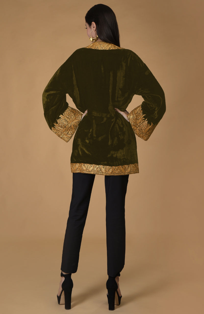 Olive velvet kimono jacket with gold Kashmiri tilla embroidery on the hem, sleeves, and neckline.
