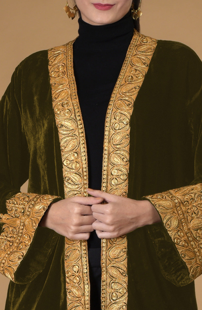 Olive silk velvet kimono jacket with gold Kashmiri tilla embroidery.