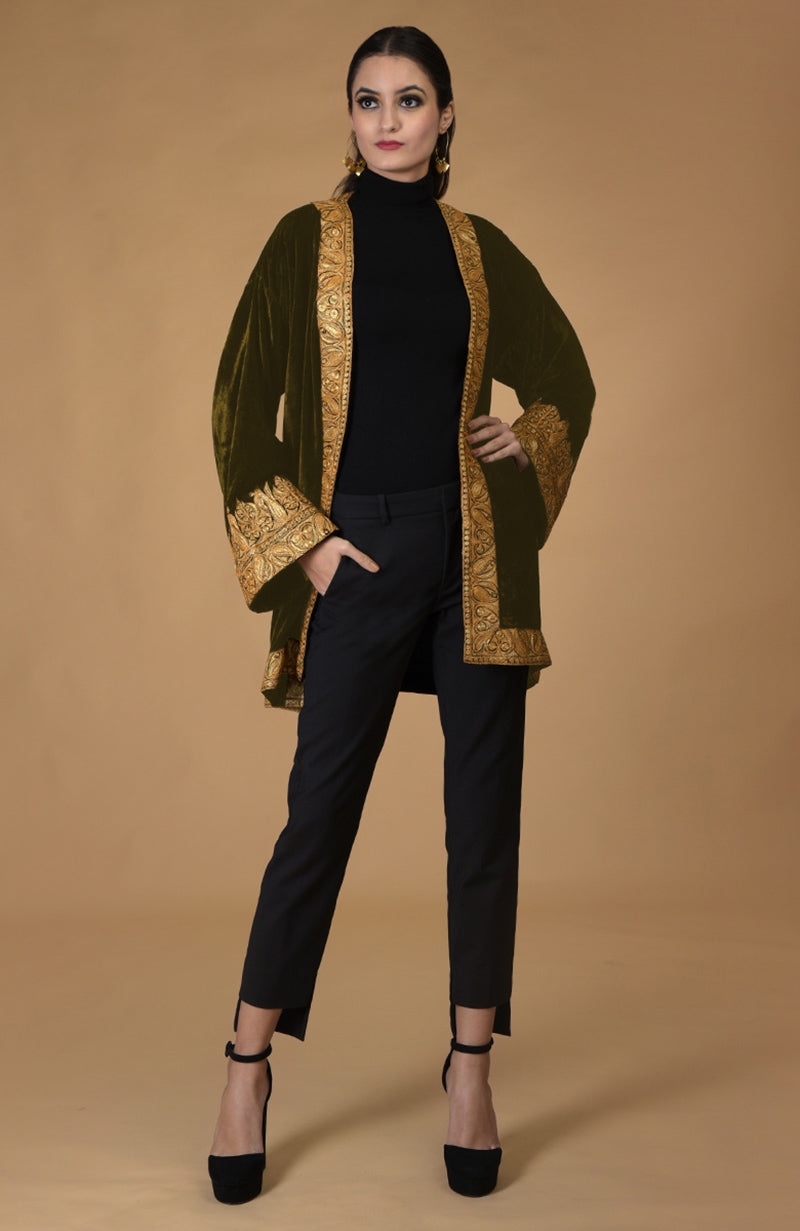 Olive Kashmiri Tilla Embroidered Kimono Jacket with gold embroidery.
