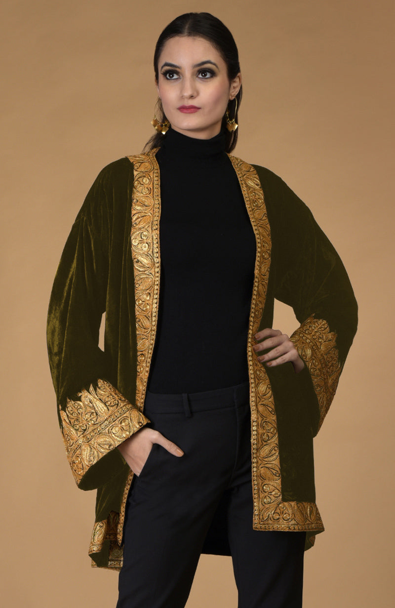Olive Kashmiri Tilla Embroidered Kimono Jacket.