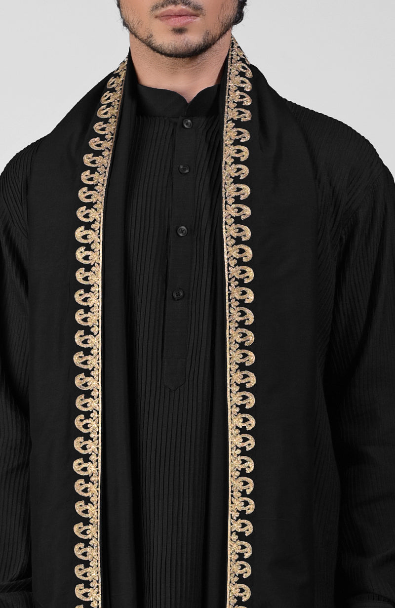 Black pintuck Pathani kurta with salwar and gold tilla embroidered dupatta set