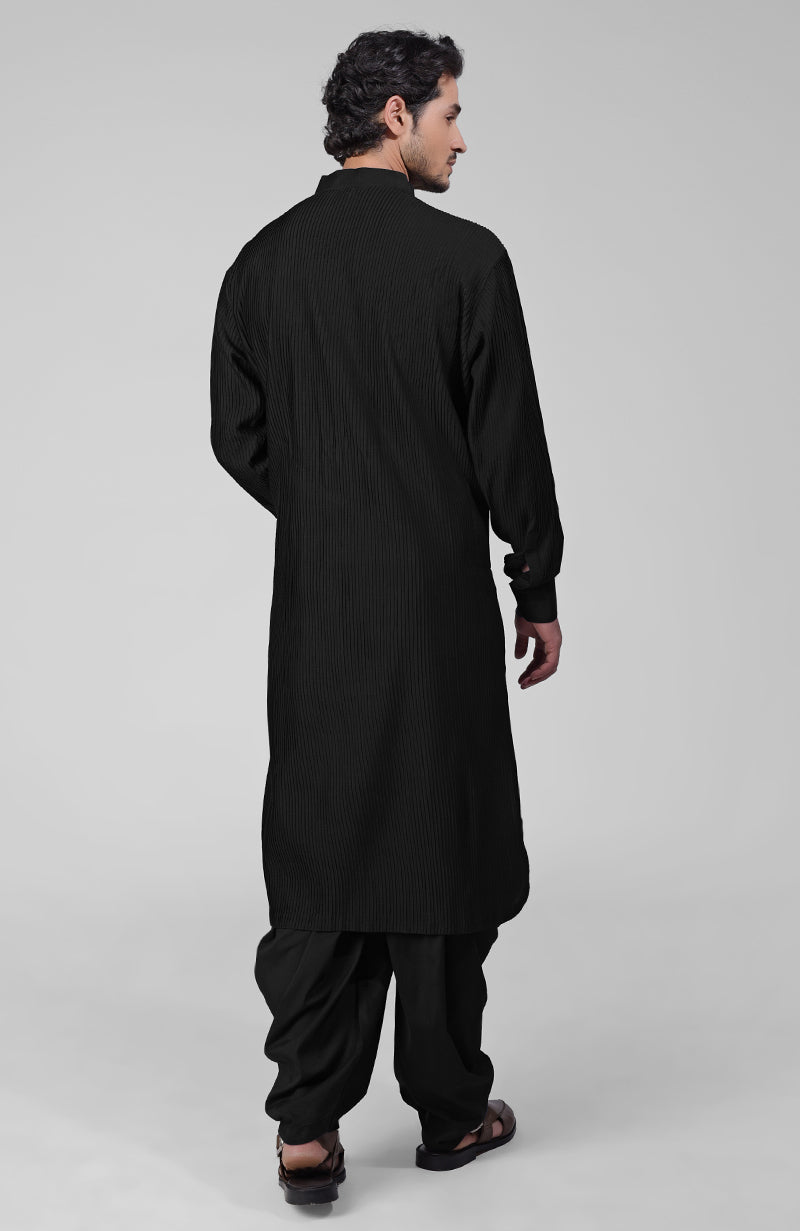 Black pintuck Pathani kurta with matching salwar and gold tilla embroidered dupatta