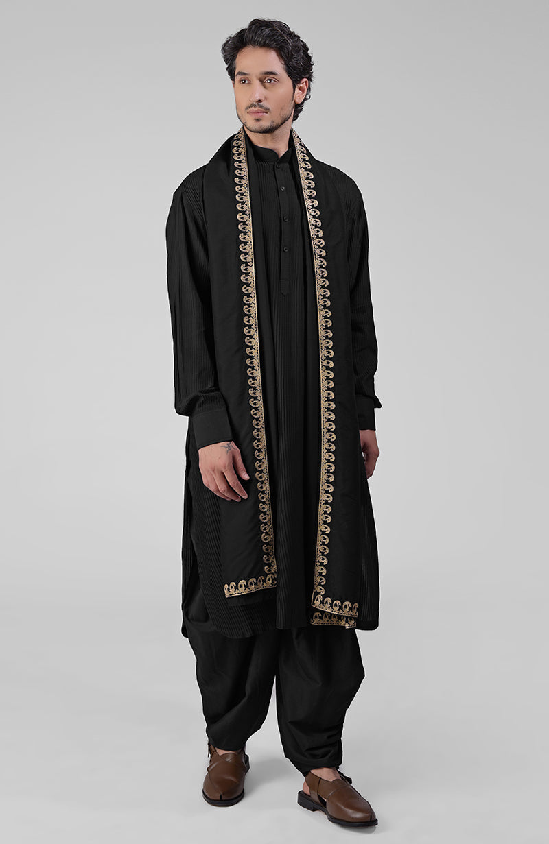 Black pintuck kurta with pathani salwar and gold tilla embroidered dupatta set