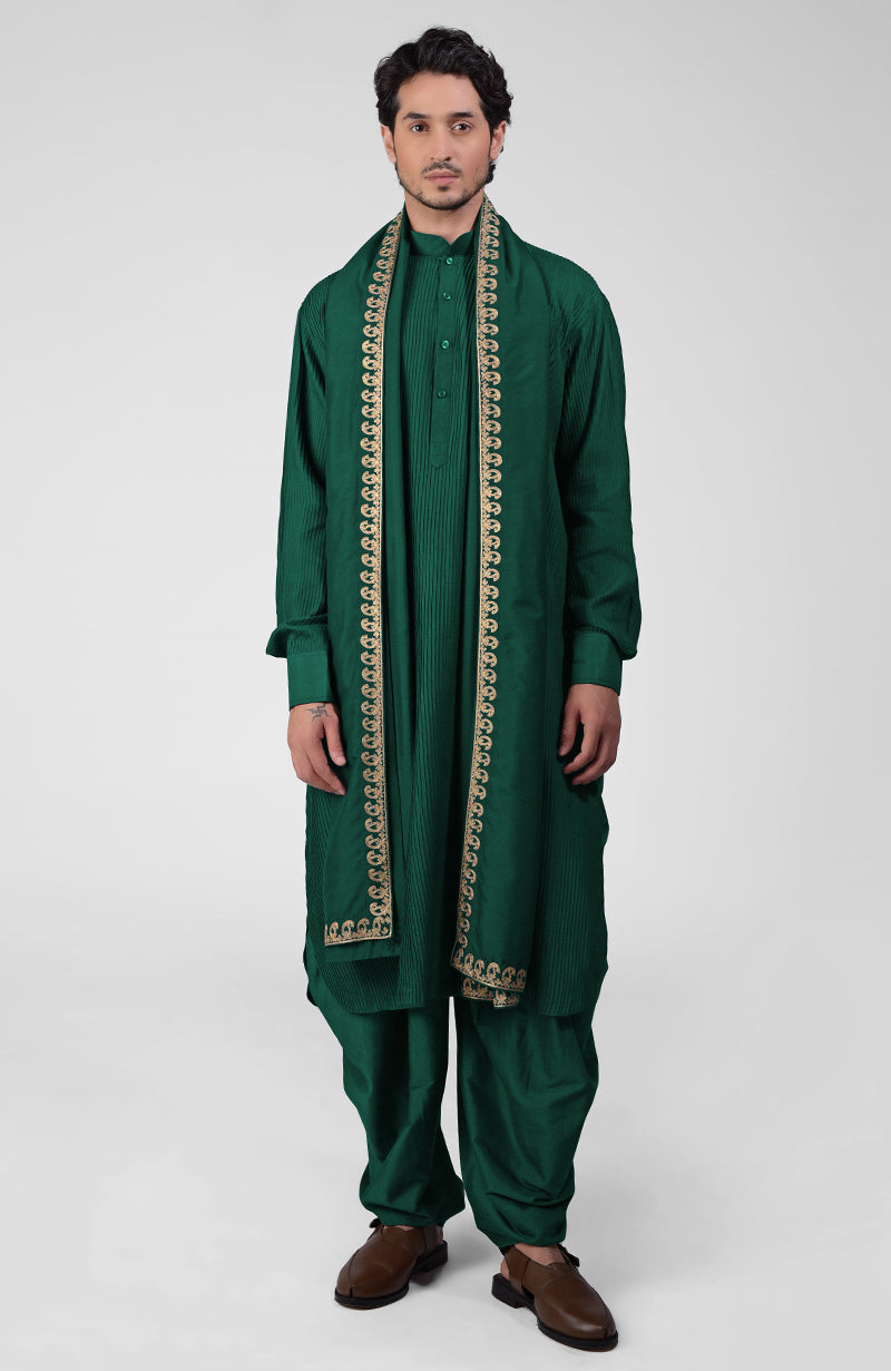 Emerald green pintuck kurta with pathani salwar and gold tilla embroidered dupatta set