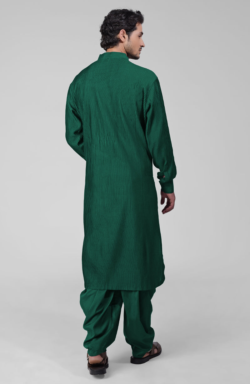 Emerald green pintuck kurta with pathani salwar and gold tilla embroidered dupatta set