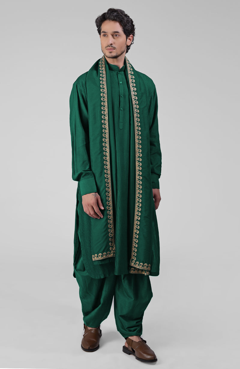 Olive pintuck Kurta with Pathani salwar and gold tilla embroidered Kashmiri dupatta set