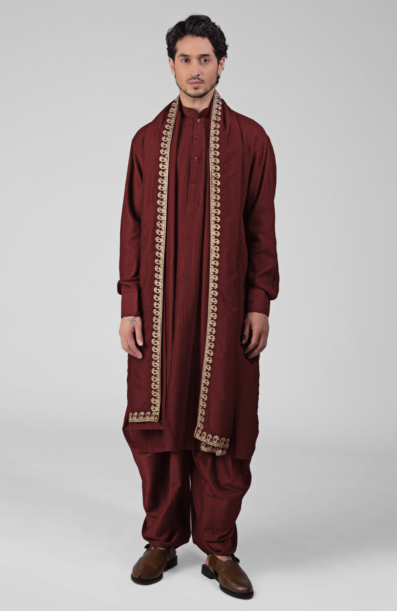 Olive pintuck kurta with pathani salwar and gold tilla embroidered Kashmiri dupatta set
