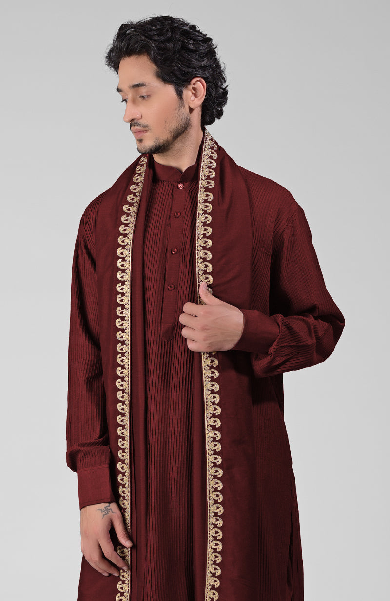 Maroon pintuck kurta with pathani salwar and gold tilla embroidered dupatta in paisley design