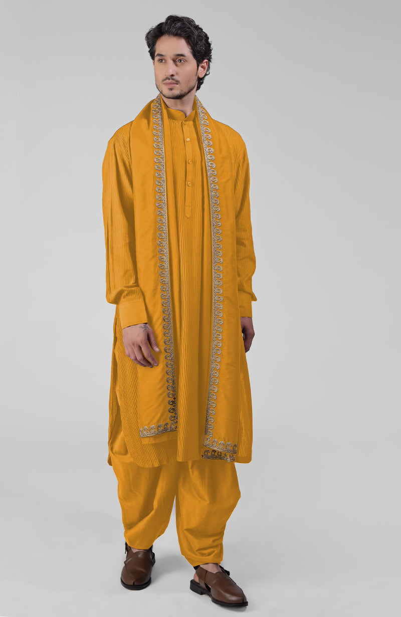 Mustard pintuck Pathani kurta with salwar and gold tilla embroidered dupatta set