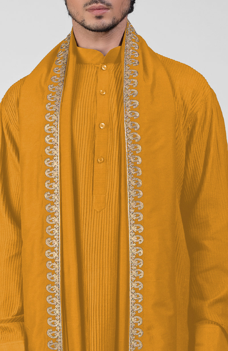 Mustard pintuck Pathani kurta with salwar and gold tilla embroidered dupatta set