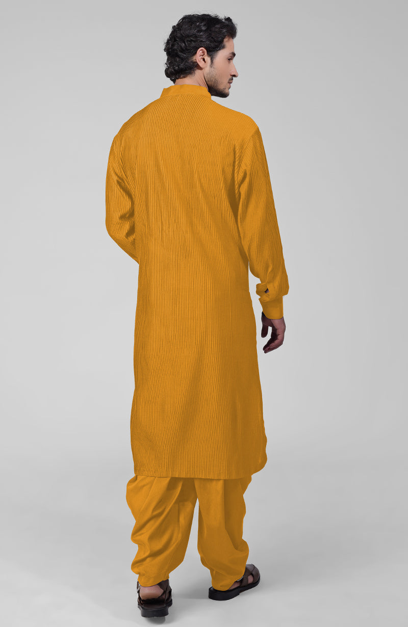 Mustard pintuck kurta with pathani salwar and gold tilla embroidered dupatta set
