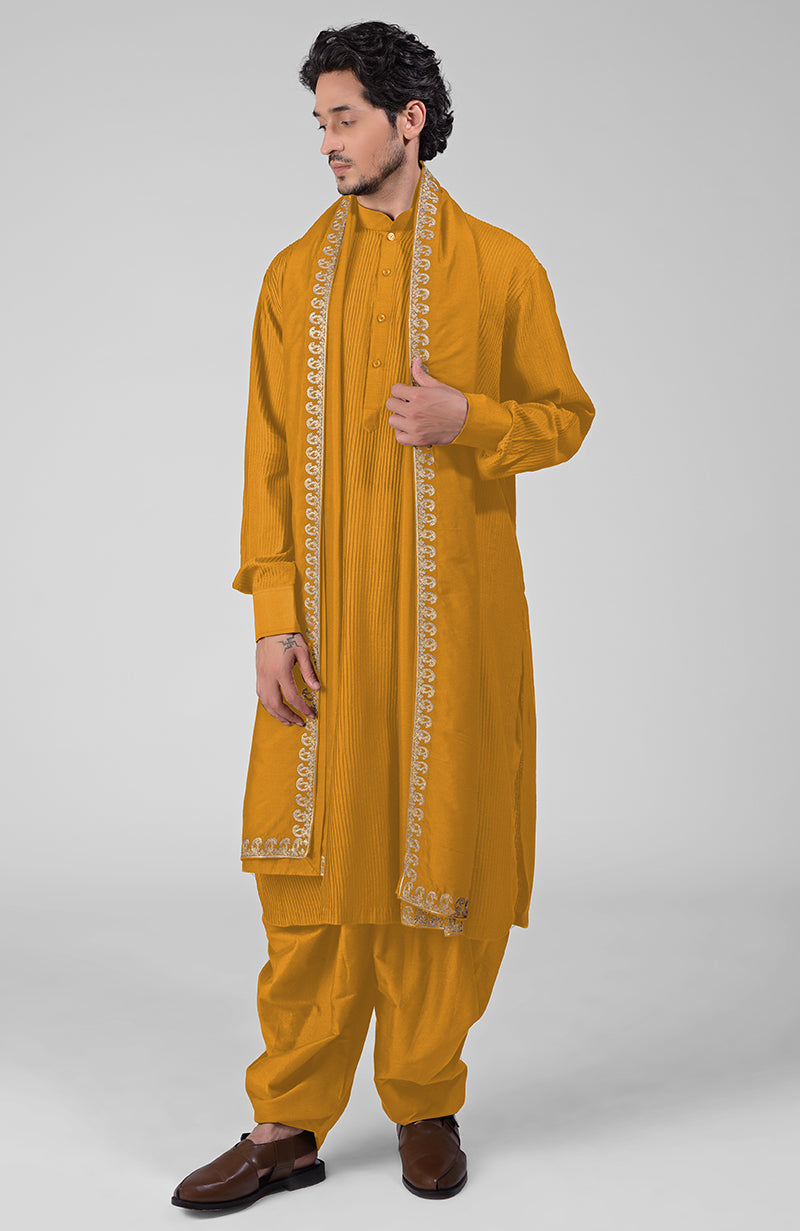 Teal pintuck Kurta with Pathani salwar and gold paisley tilla embroidered dupatta set