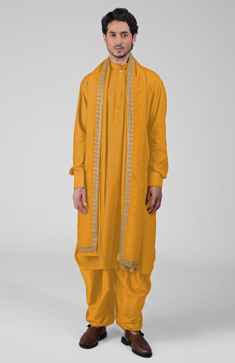 Black pintuck Pathani kurta with salwar and gold tilla embroidered dupatta set