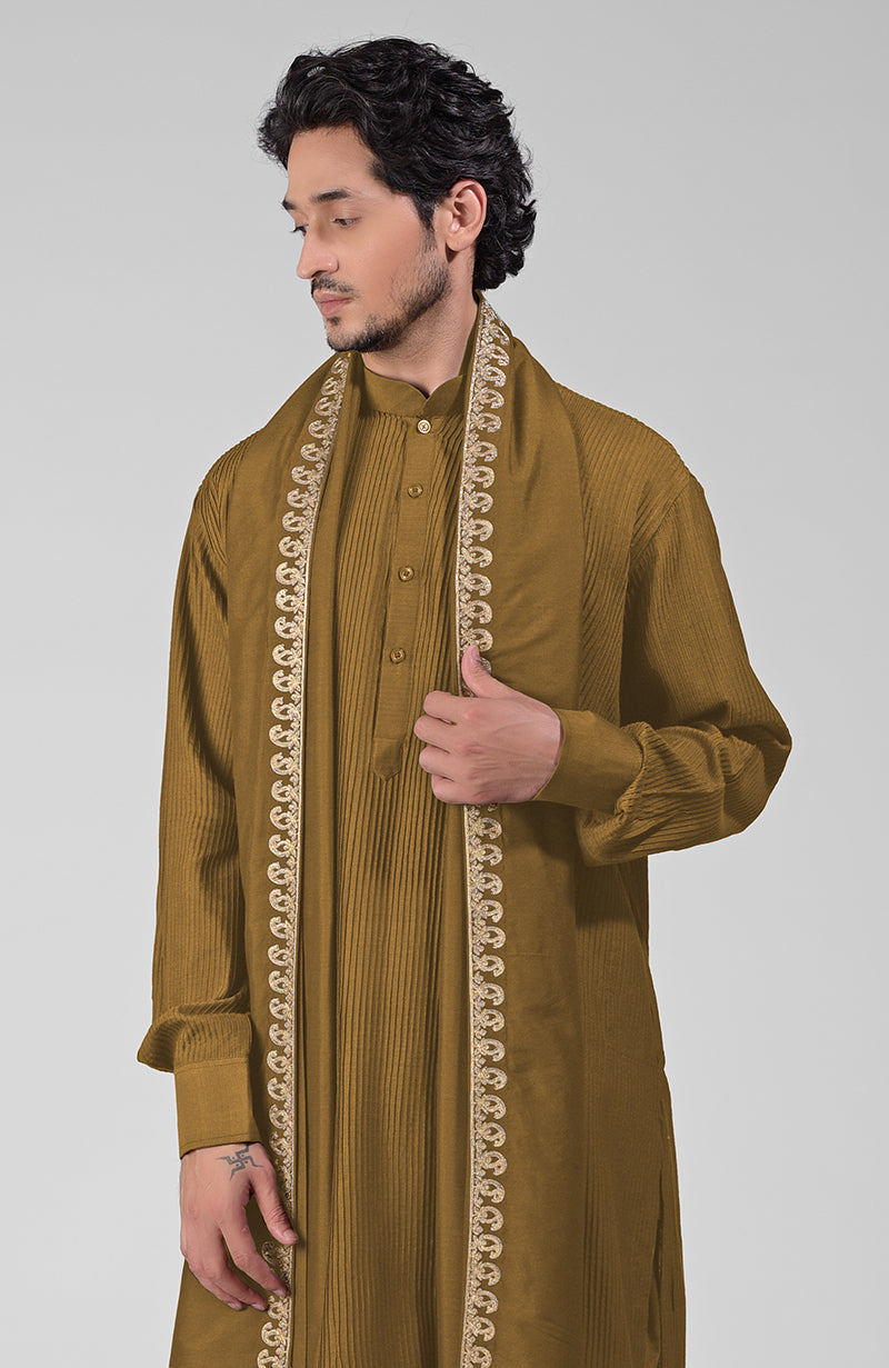 Olive pintuck kurta with pathani salwar and gold tilla embroidered Kashmiri dupatta set