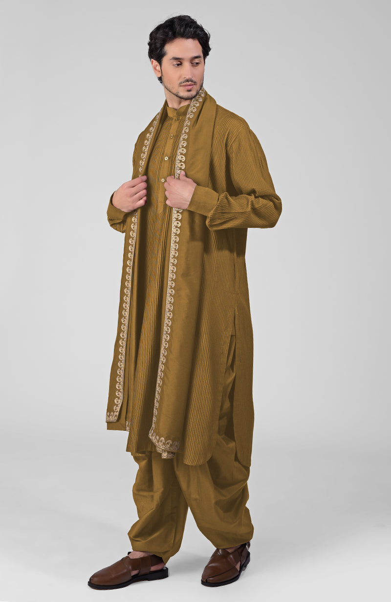 Olive pintuck Kurta with Pathani salwar and gold tilla embroidered Kashmiri dupatta set