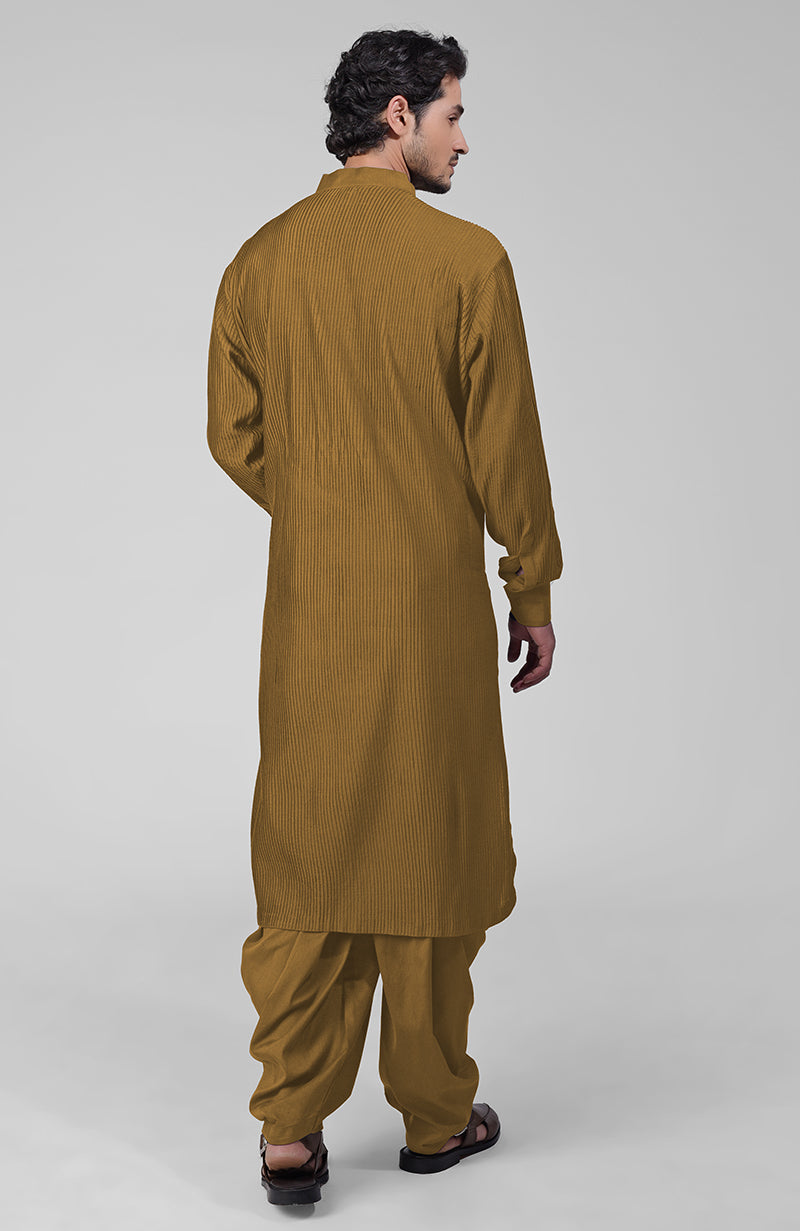 Olive pintuck Kurta with Pathani salwar and gold tilla embroidered Kashmiri dupatta set