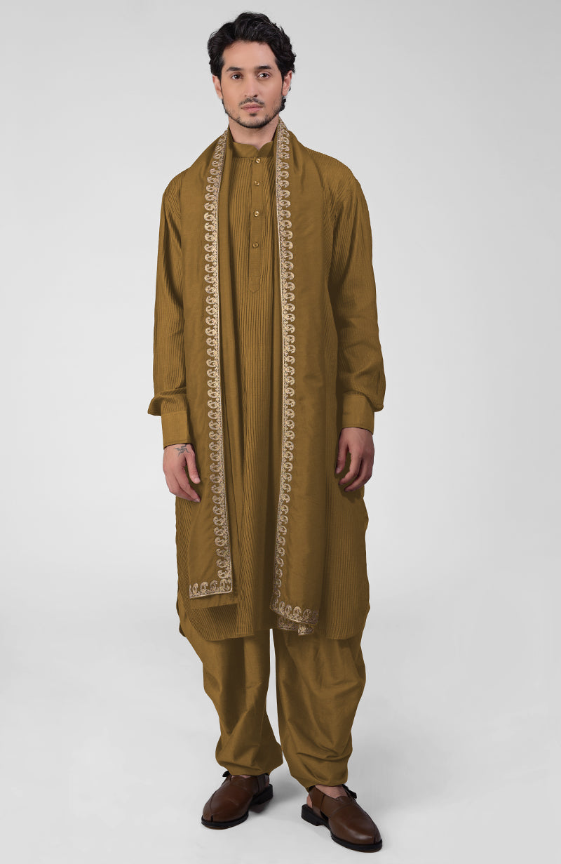 Black pintuck Kurta with Pathani salwar and gold tilla embroidered black dupatta set