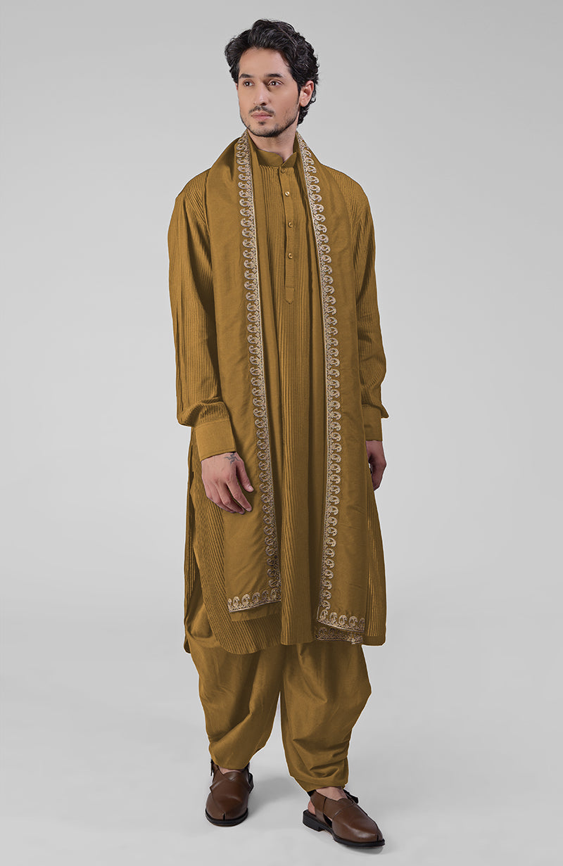 Maroon pintuck Kurta with Pathani salwar and gold tilla embroidered dupatta set