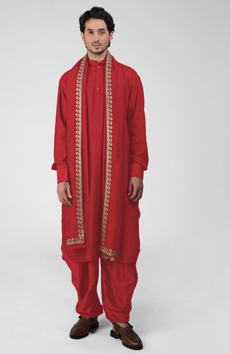 Mustard pintuck kurta with pathani salwar and gold tilla embroidered dupatta set
