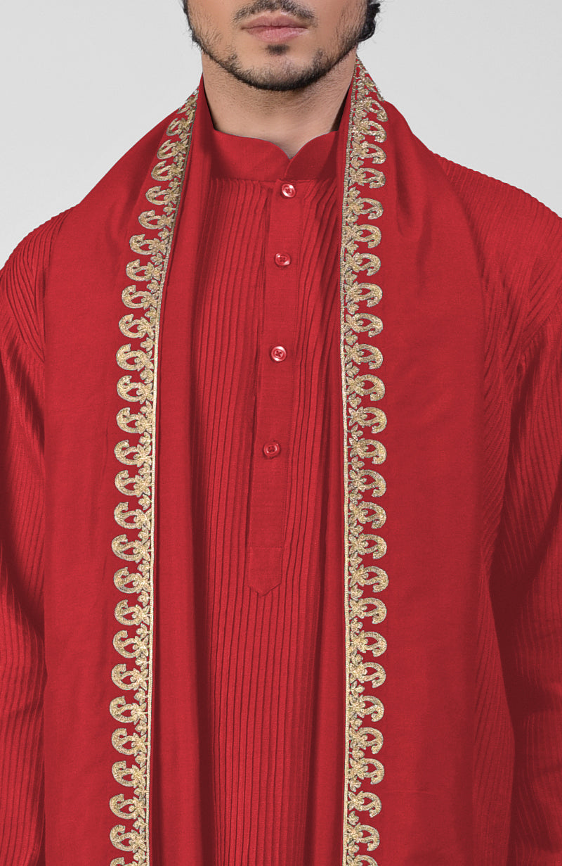 Scarlet red pintuck kurta with pathani salwar and gold tilla embroidered dupatta