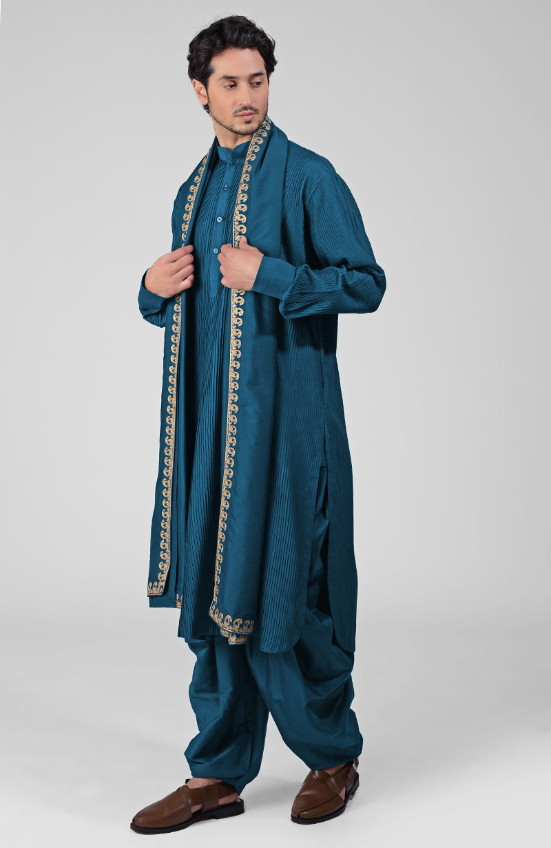 Teal pintuck Kurta with Pathani salwar and gold paisley tilla embroidered dupatta set