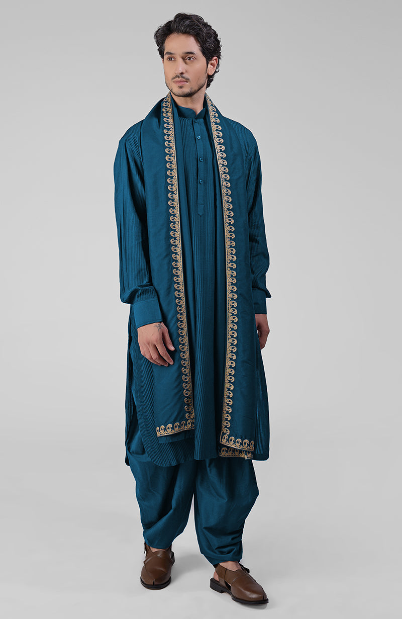 Olive pintuck Kurta with Pathani salwar and gold tilla embroidered Kashmiri dupatta set