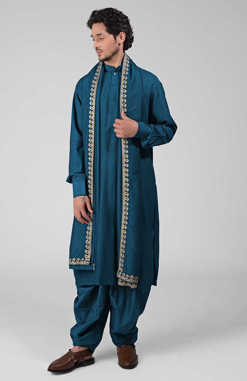 Scarlet red pintuck Kurta with Pathani salwar and gold tilla embroidered dupatta set