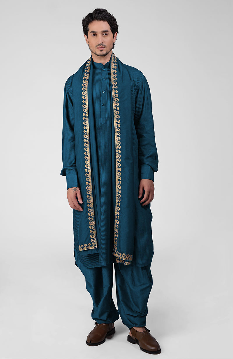 Black pintuck Pathani kurta with matching salwar and gold tilla embroidered dupatta.