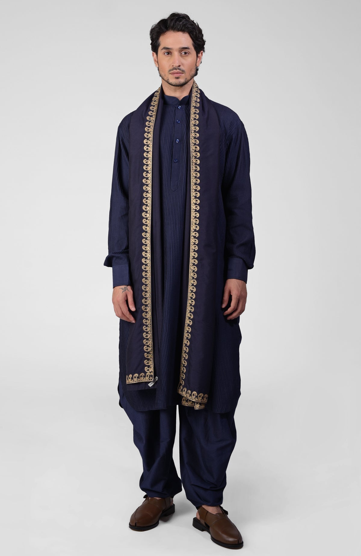 Black pintuck Pathani kurta with salwar and gold tilla embroidered dupatta set