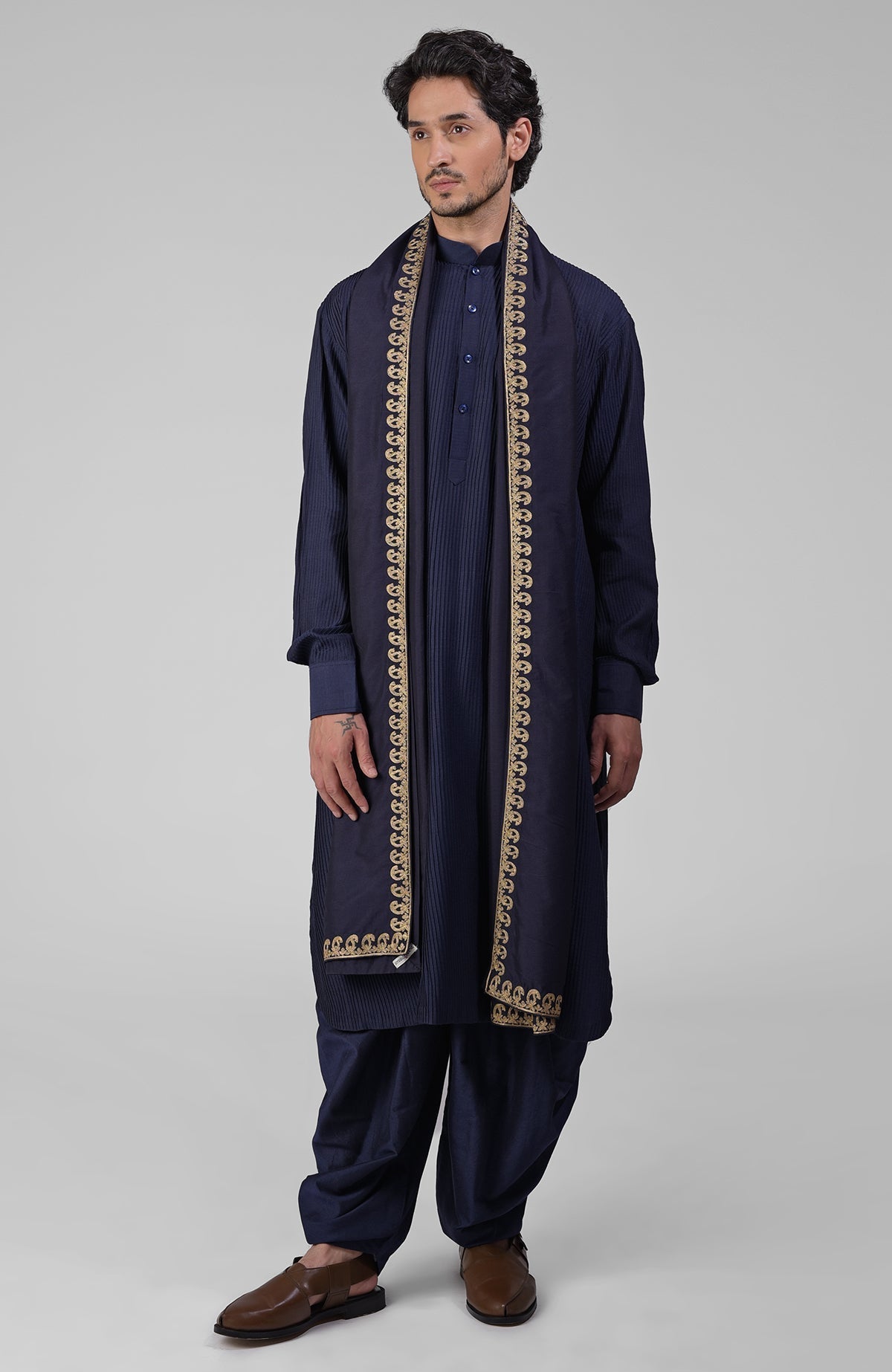 Mustard pintuck kurta with pathani salwar and gold tilla embroidered dupatta set