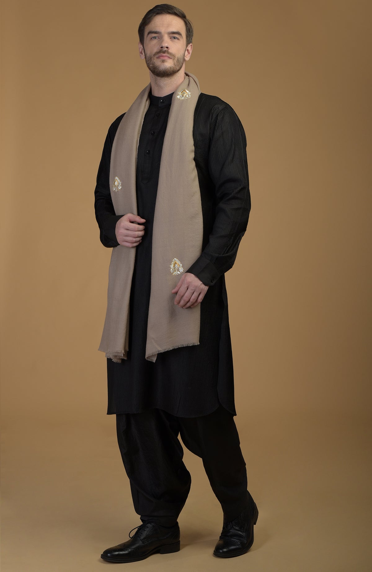 Blue pintuck Kurta with Pathani salwar and gold tilla embroidered blue dupatta set