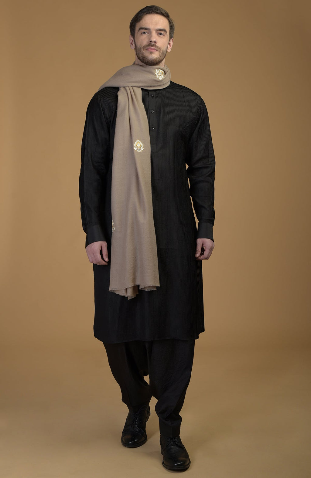 Blue pintuck kurta with pathani salwar and gold tilla embroidered blue dupatta set