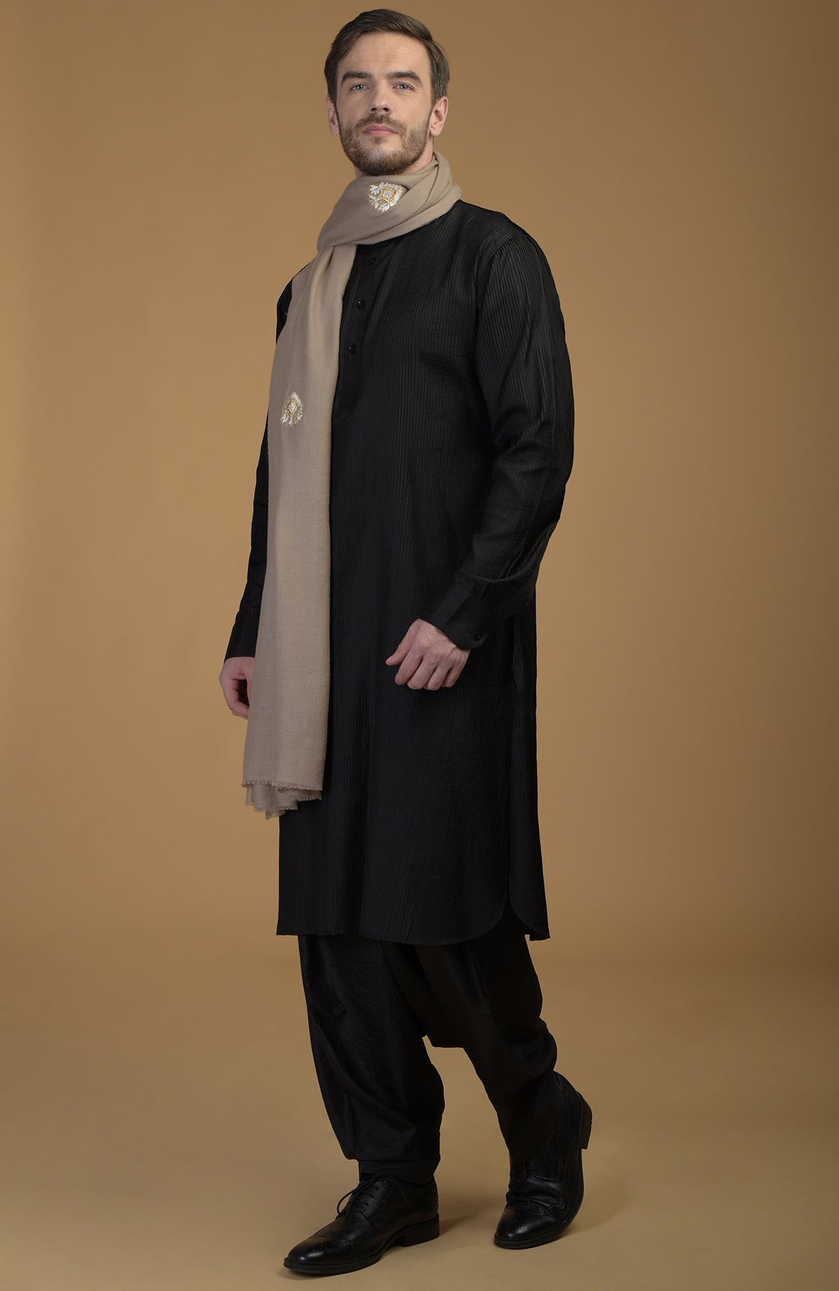 Blue pintuck Kurta with Pathani salwar and gold tilla embroidered Kashmiri dupatta set