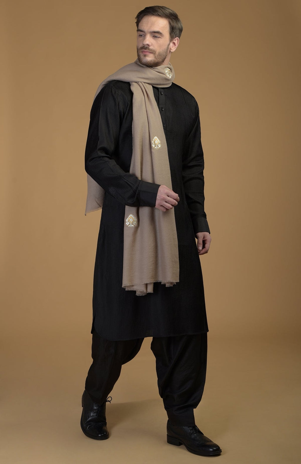 Blue pintuck kurta with pathani salwar and gold tilla embroidered Kashmiri dupatta set