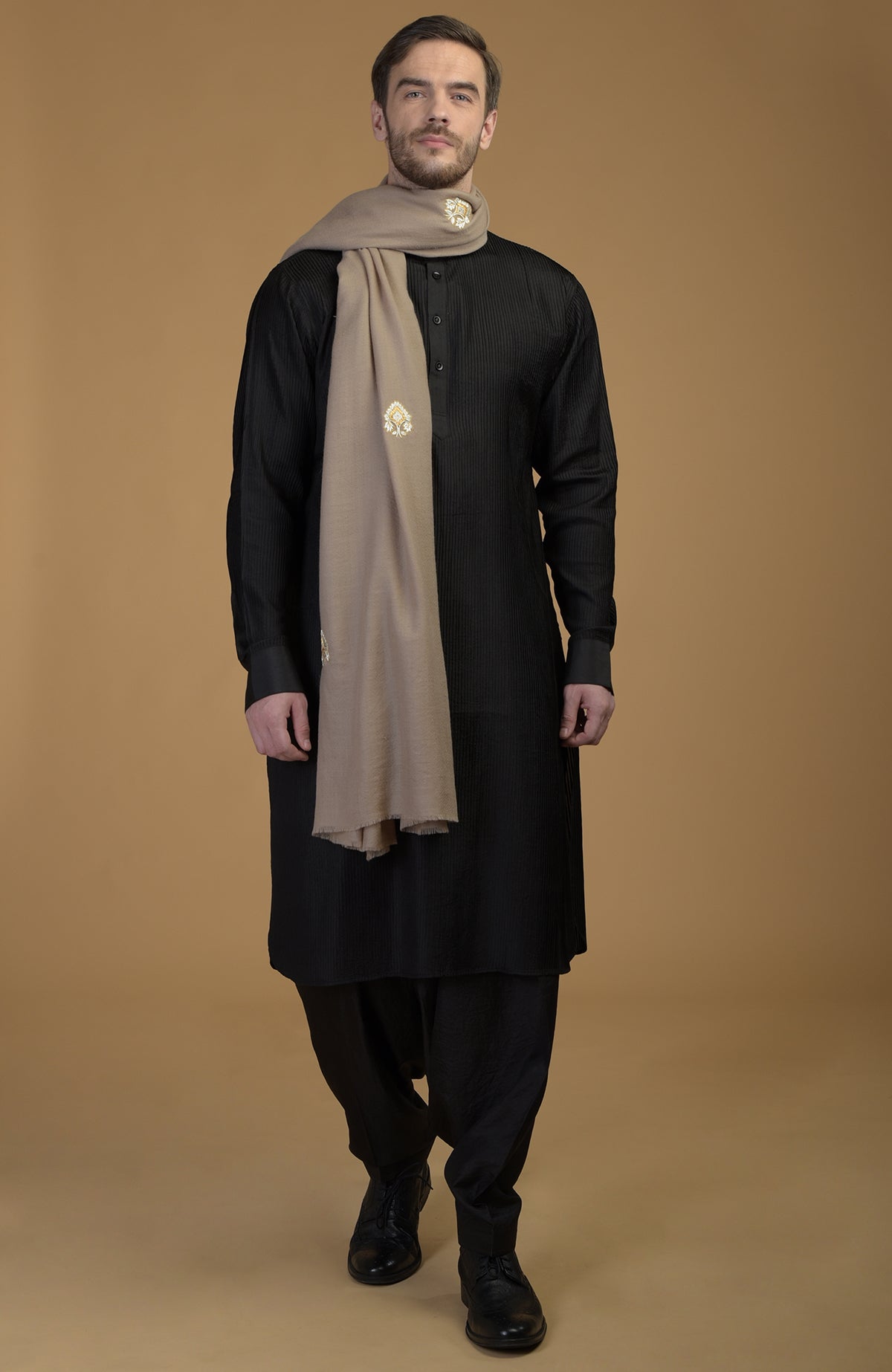 Blue pintuck Kurta with Pathani salwar and gold tilla embroidered Kashmiri dupatta set