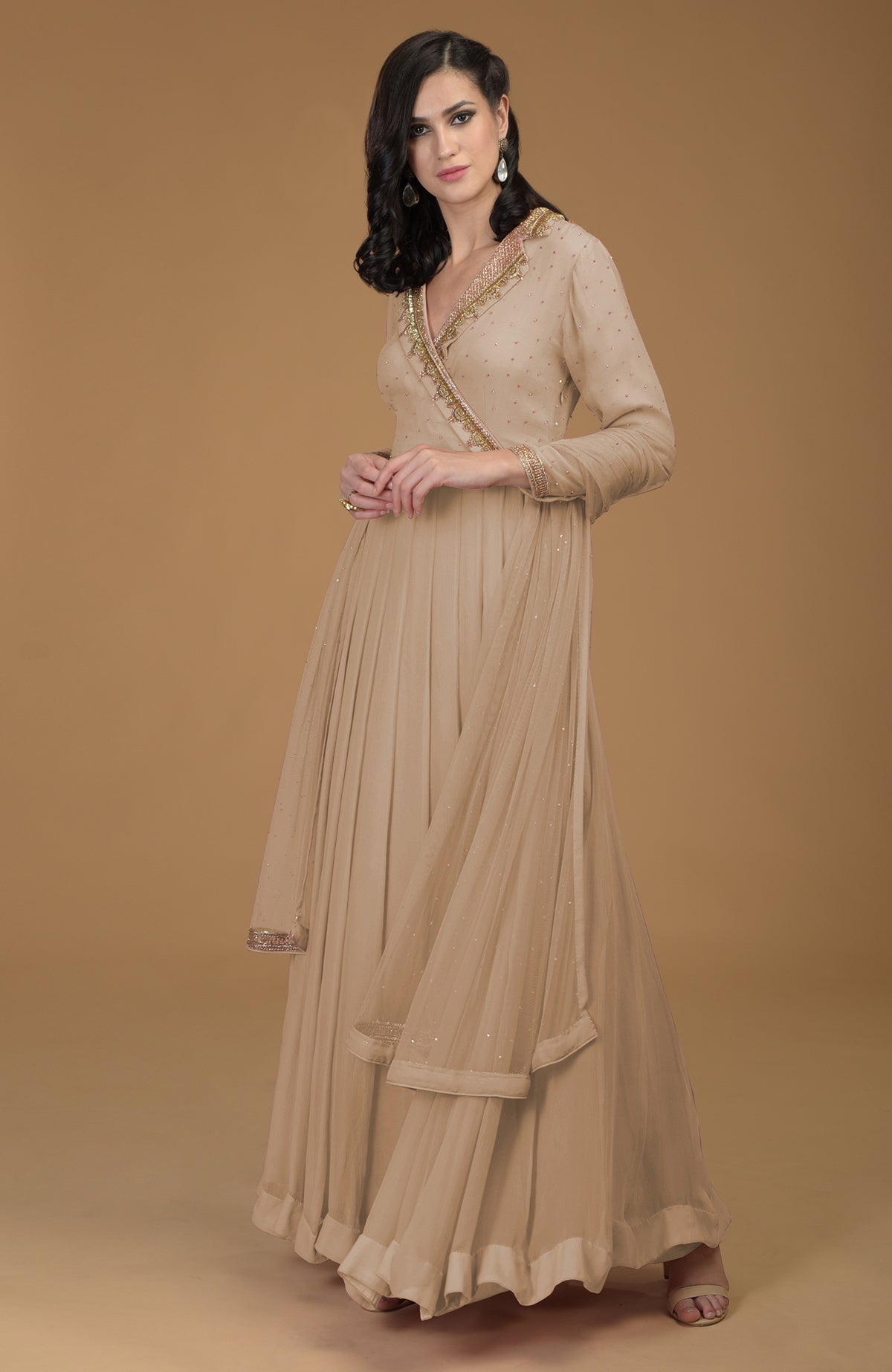 Slate grey kalidaar chiffon dress with gold zardozi embroidery on bodice, collar, and sleeves