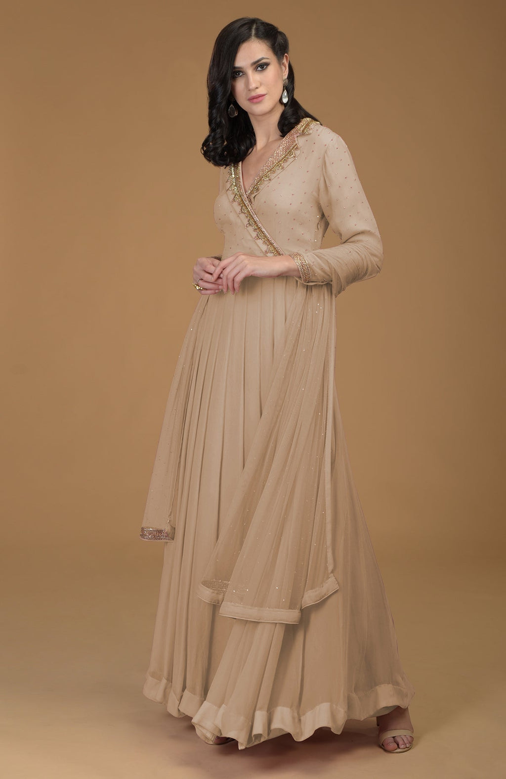 Beige chiffon kalidaar dress with gold zardozi embroidery on bodice, collar, and sleeves